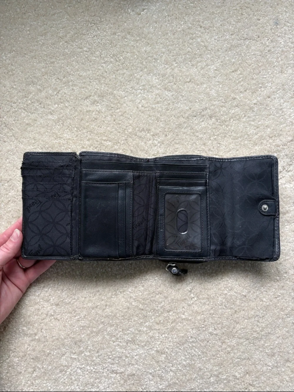 Fossil Leather Tri Fold Wallet Black Classic Zip Pocket